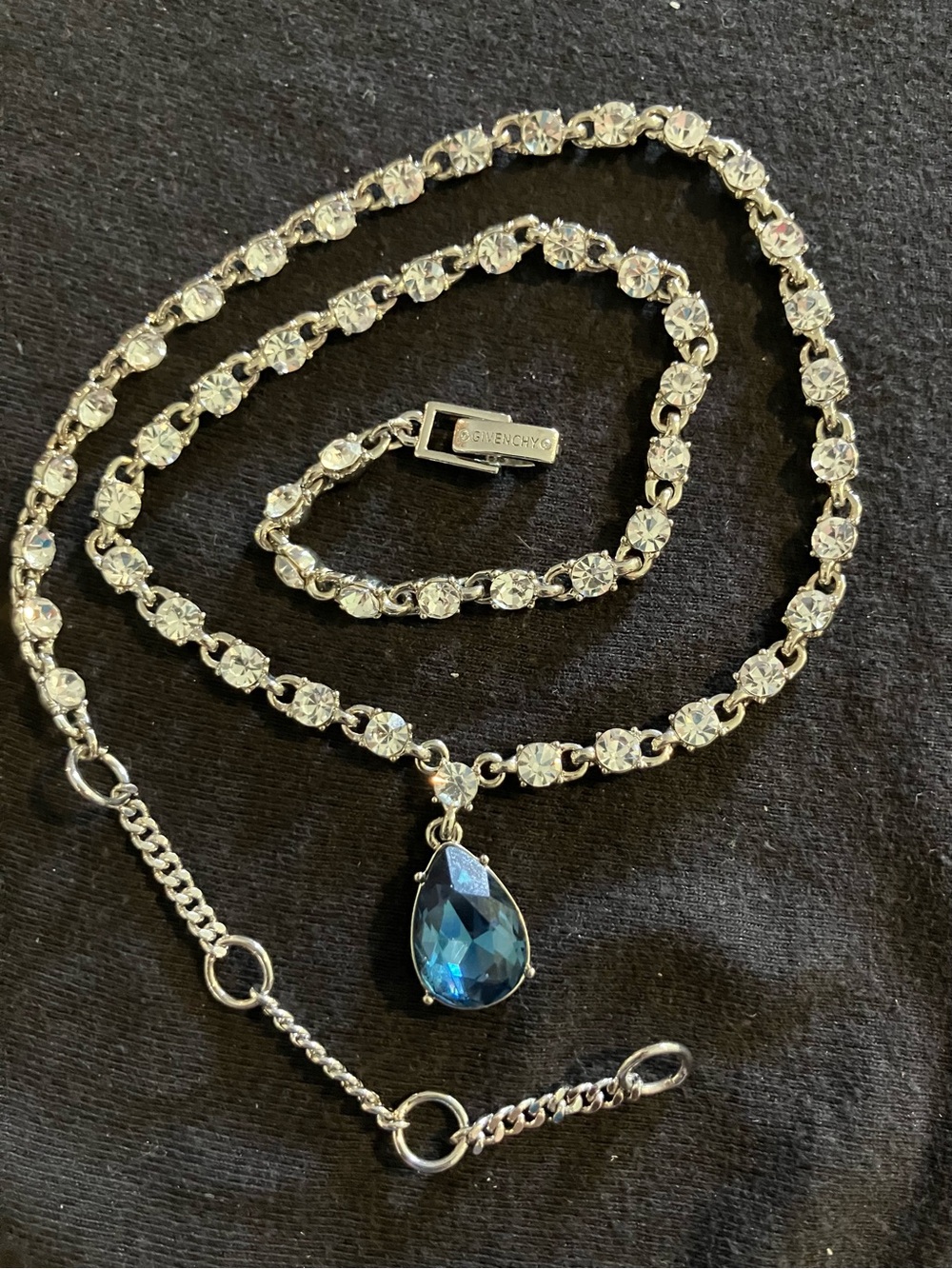Givenchy Silver Tone Blue Crystal Teardrop Pendant Necklace 16" + 3" Extender